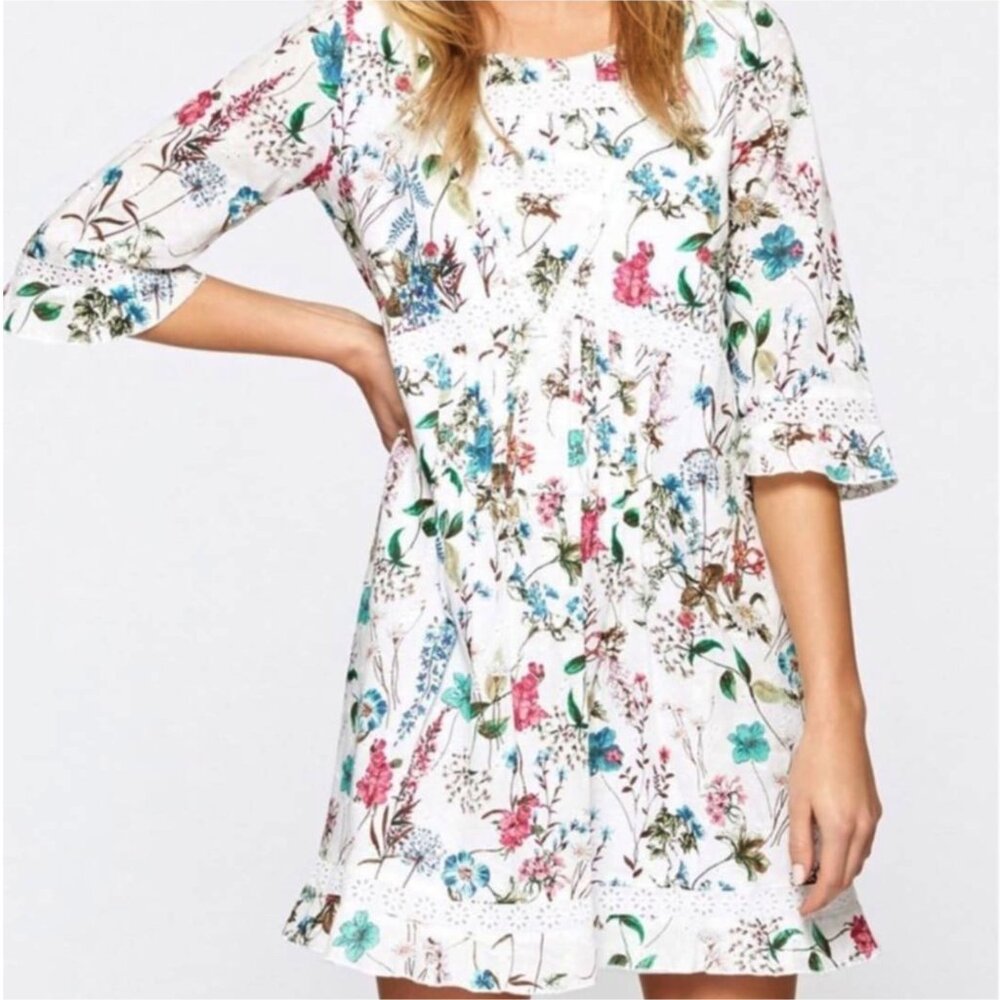 Anthropologie Sanctuary Ellie White Floral Print Lined Eyelet Causal Dress Sz S
